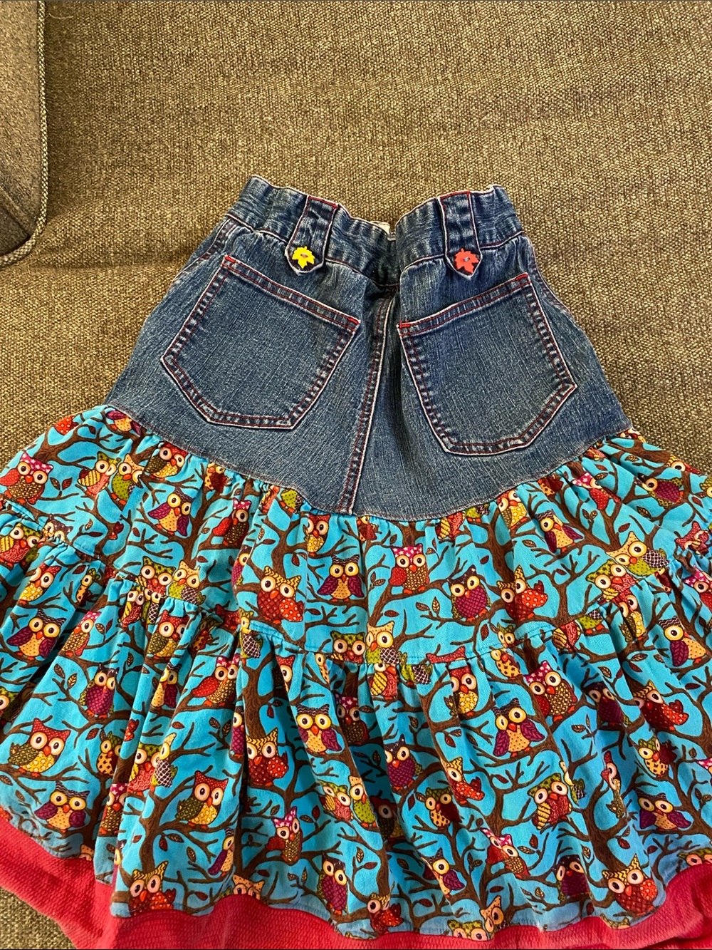 SO 4th adorable Jean twill owl pattern twirl dress so CUTE!! Girls L 10/12 - Picture 5 of 9